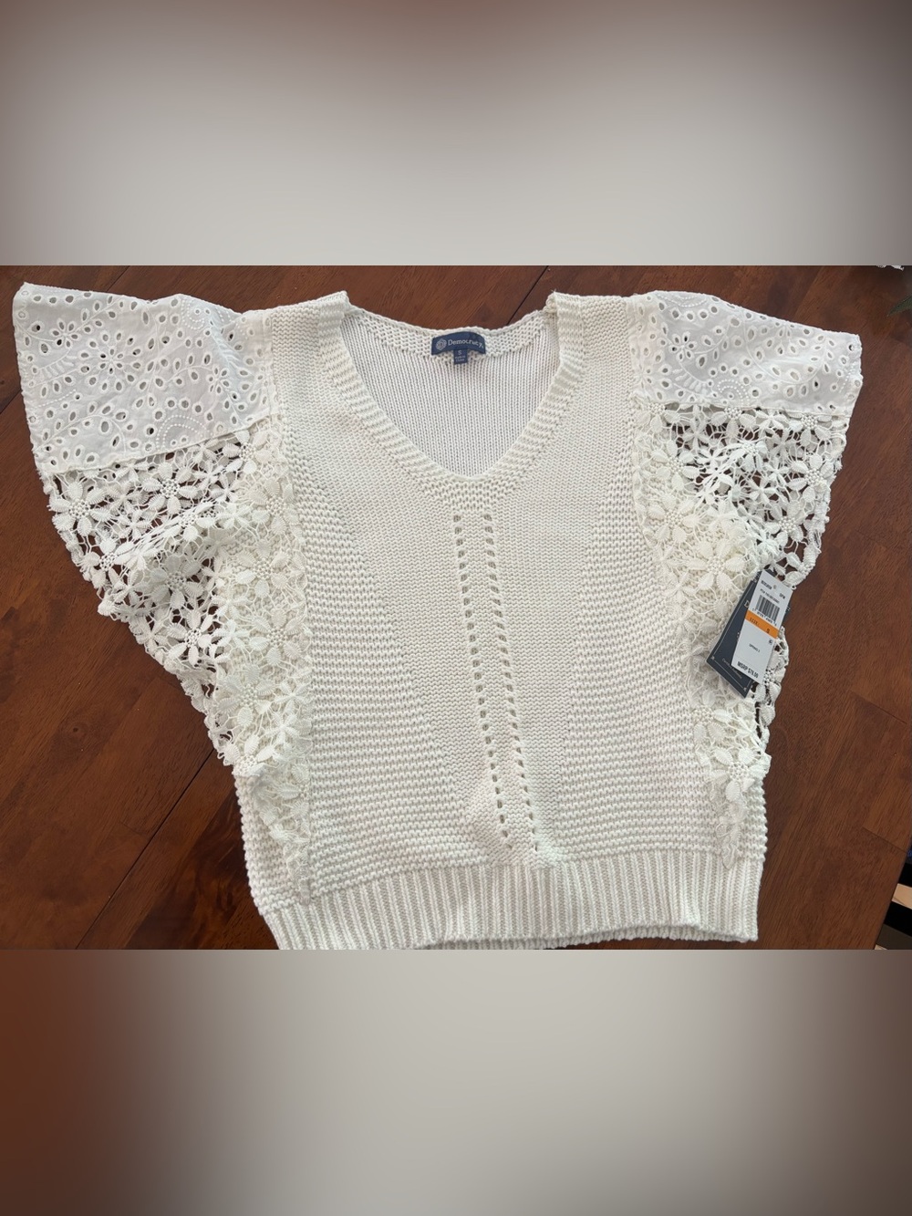Democracy Cream V-Neck Sweater with Crochet Lace Sleeves
